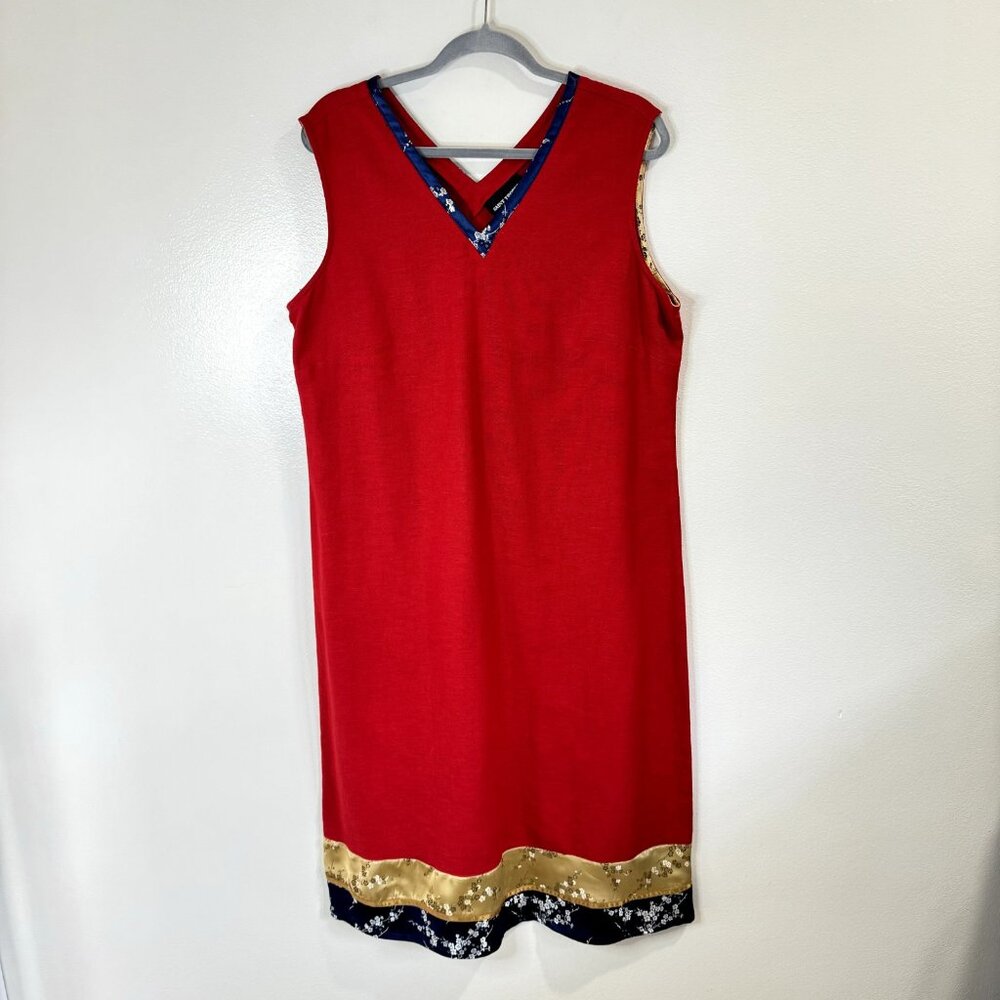 Vintage Saint Tropez West Linen Midi Shirt Dress Red Sz14 Cheongsam Satin Floral